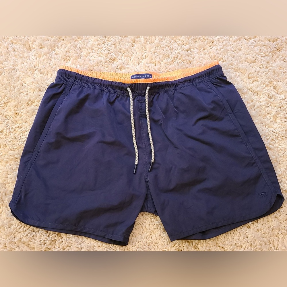 Scotch & Soda Men's Dark Blue Swim Trunks with Pink Waistband